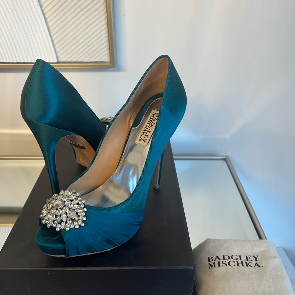 Badgley Mischka Jewel-Embellished Satin Heels